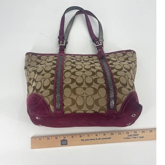 Coach Signature Canvas Tote Suede Trim Purple Interior Shoulder Bag - Picture 9 of 10